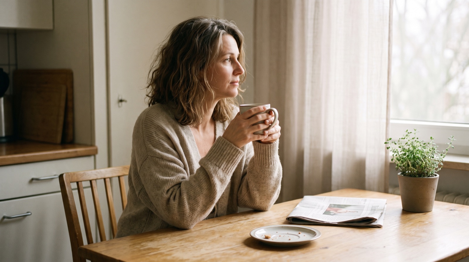 Frau Mitte 40 am Küchentisch im Morgenlicht, Kaffeetasse in der Hand