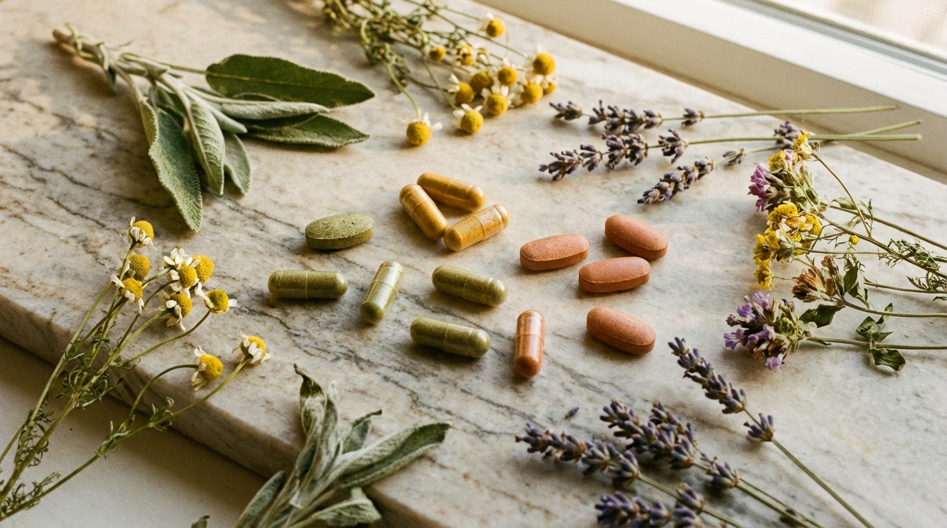 Verschiedene Supplement-Kapseln und Tabletten auf einer Marmorfläche